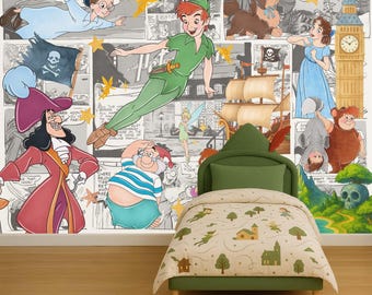 Papel pintado autoadhesivo de Peter Pan, vinilo decorativo de Nunca Jamás, mural de pared de novela vintage, pegatina de pared clásica de dibujos animados para la decoración de la habitación infantil.