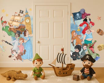 Calcomanía de pared para marco de puerta, pegatina de pared de Peter Pan, mural de pared de Nunca Jamás, papel tapiz de cómic vintage, arte de pared de hadas para habitación infantil, decoración de habitación infantil