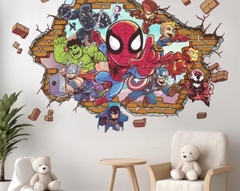 Calcomanía de pared de Spider-Man con grietas en la pared, pegatina de pared de Los Vengadores, papel tapiz de Iron-Man, arte de pared de superhéroes para habitación de niño, decoración de habitación de fans de Marvel