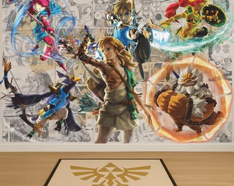 Papel tapiz de The Legend of Zelda, pegatina de pared de anime japonés, calcomanía de pared de juego japonés, arte de pared Hylian, mural de pared de Link para habitación de niño, decoración de habitación infantil