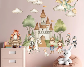 Calcomanía de pared de castillo extraíble, pegatina de pared de caballero, mural de pared de dragón, regalo para decoración de habitación de niño, arte de pared para habitación infantil, decoración de habitación infantil