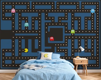 Papel tapiz de fantasmas de Pacman, calcomanía de pared de arcade retro, calcomanía de pared de juego retro, mural de pared de Pac-man para habitación de niños, decoración de sala de juegos para niños