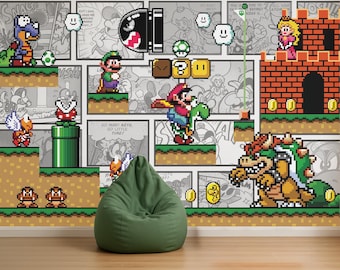 2D Pixel Vintage Super Mario Wallpaper Luigi Wall Decal Bowser Wall Sticker Princess Peach Wall Art For Nursery Room Child Room Decor