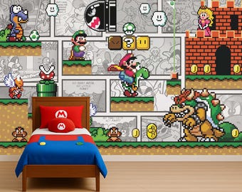 2D Pixel Vintage Super Mario Wallpaper Luigi Wall Decal Bowser Wall Sticker Princess Peach Wall Art For Boy Room Kindergarten Room Decor