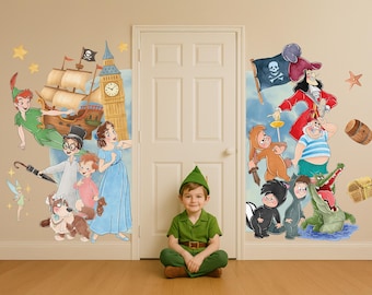 Calcomanía de pared para marco de puerta, pegatina de pared de Peter Pan, mural de pared de Nunca Jamás, papel tapiz de cómic vintage, arte de pared de hadas, calcomanía de cuento de hadas para habitación de niños
