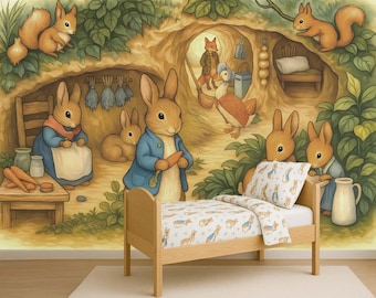 Calcomanía de pared de Peter Rabbit, papel tapiz de conejito, pegatina de pared de Peter y sus amigos, mural de cómic, tatuaje de pared para habitación infantil, decoración de habitación infantil