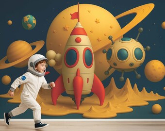 Peel and Stick Space Travel Wallpaper Spaceship Wall Decal Rocket & Planets Wall Mural Galaxy Wall Sticker For Kid Room Decor Boy Room Decor