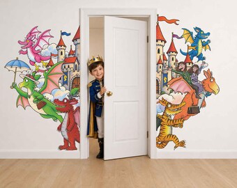 Zog Wall Decal Orange Dragon Wall Mural Flying Dragon Nursery Wallpaper, Kids Fantasy Wall Sticker, Dragon School Boy Nursery Room Decor