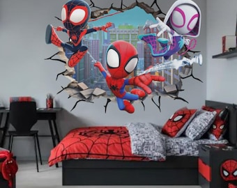 Vinilo decorativo de pared de Spiderman con diseño de grieta en la pared, pegatina de pared de los Vengadores, arte mural de pared de paisaje urbano sombrío, mural de pared de superhéroes para la habitación de los niños o del bebé