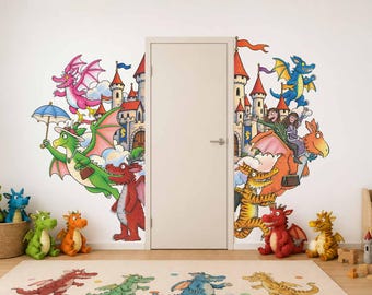 Zog Wall Decal Orange Dragon Wall Mural Flying Dragon Nursery Wallpaper, Kids Fantasy Wall Sticker, Dragon School Kid And Nursery Room Decor