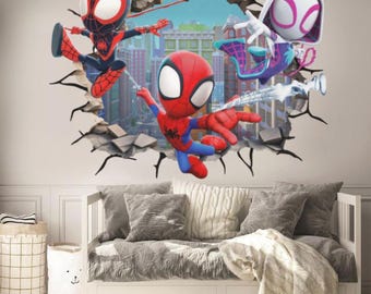 Vinilo decorativo de pared de Spiderman con diseño de grieta en la pared, pegatina de pared de los Vengadores, arte de pared de paisaje urbano sombrío, mural de pared de superhéroes para la habitación de un niño.
