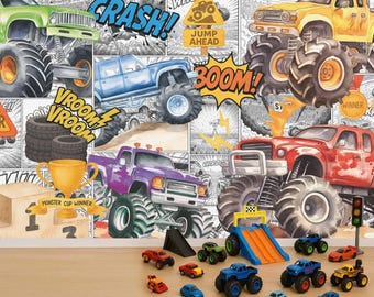 Papel pintado de Monster Truck, calcomanía de pared de coche caliente, calcomanía de pared de Big Foot, mural de pared de deporte extremo, arte de pared para habitación de niño, calcomanía para habitación de niño
