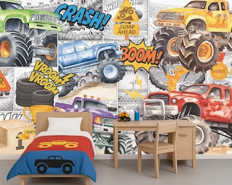 Papel tapiz de camión monstruo, calcomanía de pared de coche caliente, calcomanía de pared de pie grande, mural de pared de deporte extremo, tatuaje de pared para habitación de niño, decoración de habitación infantil