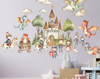 Calcomanía de pared con diseño de castillo despegable y pegable, calcomanía de caballero, mural de dragón, regalo para decoración de habitación de niño, arte de pared para habitación infantil, calcomanía para habitación infantil