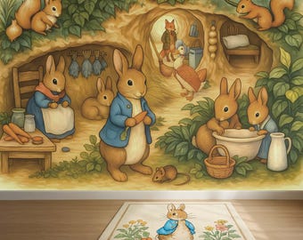 Papel tapiz de Peter Rabbit, calcomanía de pared de conejito, Peter y sus amigos, calcomanía de pared de cómic, mural de pared para habitación infantil, habitación de niña, decoración de habitación infantil