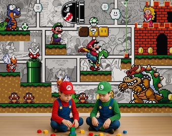 Papel tapiz de Super Mario de píxeles 2D, calcomanía de pared de Luigi, pegatina de pared de Bowser, mural de pared vintage de Mario para habitación de niño, decoración de habitación infantil