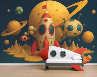 Papel tapiz de cohetes y planetas despegable y adhesivo, calcomanía de pared de nave espacial, mural de pared espacial, pegatina de pared de galaxia para decoración de habitación infantil, decoración de habitación de niño