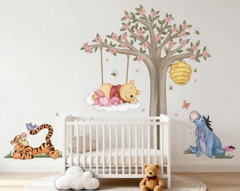 Vinilo decorativo de pared clásico personalizado de Winnie the Pooh y oso de miel para la decoración de la habitación del bebé o de los niños (despegar y pegar).