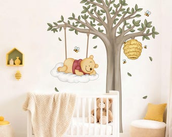 Calcomanía de pared de Winnie The Pooh en el árbol, pegatina de pared de Disney, papel tapiz de Eeyore y Tigger, arte de pared de dibujos animados clásicos para habitación de niño, decoración de habitación de bebé