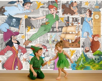 Papel pintado removible de Peter Pan, vinilo decorativo de pared de Nunca Jamás, mural de pared de novela vintage, pegatina de pared de dibujos animados clásicos, arte de pared para habitación infantil