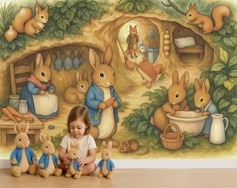 Papel pintado de Peter Rabbit, calcomanía de pared de conejito, pegatina de pared de Peter y sus amigos, mural de pared de cómic vintage para habitación infantil, habitación de niña, calcomanía para habitación de niña