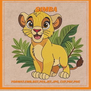 May include: Embroidered image of Simba, a yellow lion cub, with a smiling expression. The image includes the text "SIMBA" at the top and the file formats at the bottom. Green tropical leaves are behind the lion.