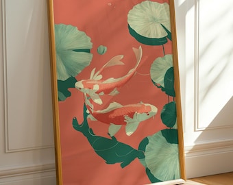 Lámina de arte mural con peces koi - Póster zen japonés - Decoración de jardín acuático oriental - Obra de arte Feng Shui - Decoración de pared para el hogar de inspiración asiática - Impresión de koi