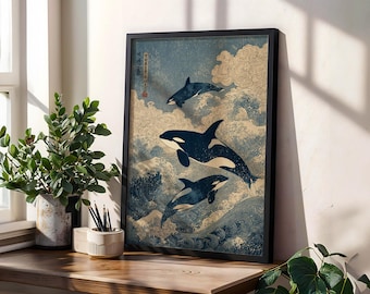 Orca Poster – Vintage Japanese Ocean Art – Killer Whale Wall Decor – Coastal Sea Life Print – Retro Marine Illustration, Beach House Artwork