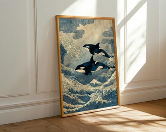 Orca Wall Decor – Vintage Japanese Whale Poster – Coastal Ocean Print – Nautical Home Art – Sea Life Illustration – Retro Marine Artwork