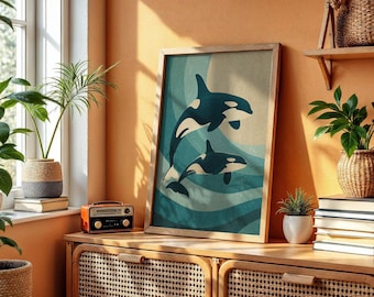 Orca Wall Art Print: Minimalist Retro Ocean Poster, Vintage Killer Whale Illustration, Marine Life Home Decor