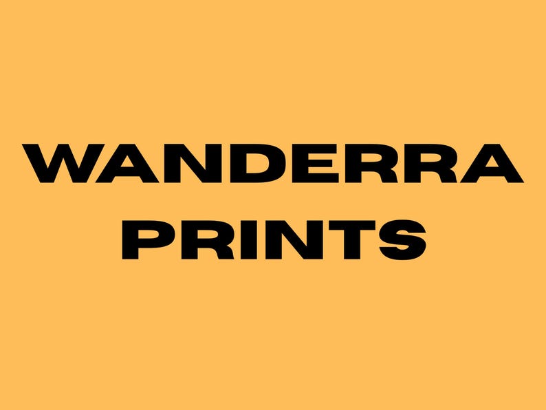 May include: The words "WANDERRA PRINTS" are displayed in bold, black letters against a solid, light orange background. The text is centered, with "WANDERRA" above "PRINTS".
