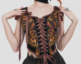 Black Velvet Moth Corset Top, Embroidered Fairycore Whimsigoth Bustier