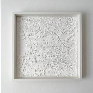 Puede incluir: Un mapa tridimensional blanco de una ciudad, enmarcado en un marco cuadrado blanco. El mapa muestra calles, edificios y vías fluviales detalladas. La obra de arte está montada en una pared blanca.