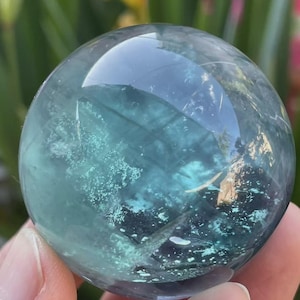 May include: A clear, spherical crystal ball with shades of teal and blue. The orb is held in a hand, with a blurred green and yellow background. The crystal has internal patterns and a reflective surface.
