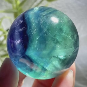 May include: A polished fluorite sphere, showcasing a blend of blue and green hues. The crystal ball is held in a hand, with a blurred background of greenery. The sphere's surface reflects light, highlighting its smooth texture and color variations.