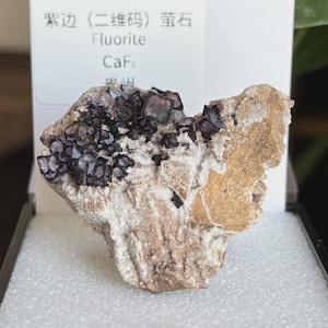 May include: A natural fluorite specimen with dark purple and black crystalline structures. The mineral is set on a light brown and white matrix. The image includes text in Chinese and English: "Fluorite, CaF2".