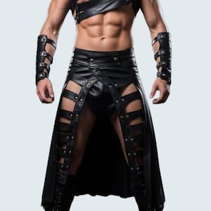 May include: Black leather outfit featuring a harness top, arm cuffs, and a skirt with cut-out details. The outfit includes knee-high boots. The design incorporates metal studs and straps, creating a bold and edgy aesthetic.