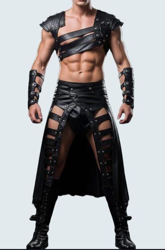 Handmade Mens Gladiator Goat Leather Costume: Gothic Cosplay Kilt & Bracers Set
