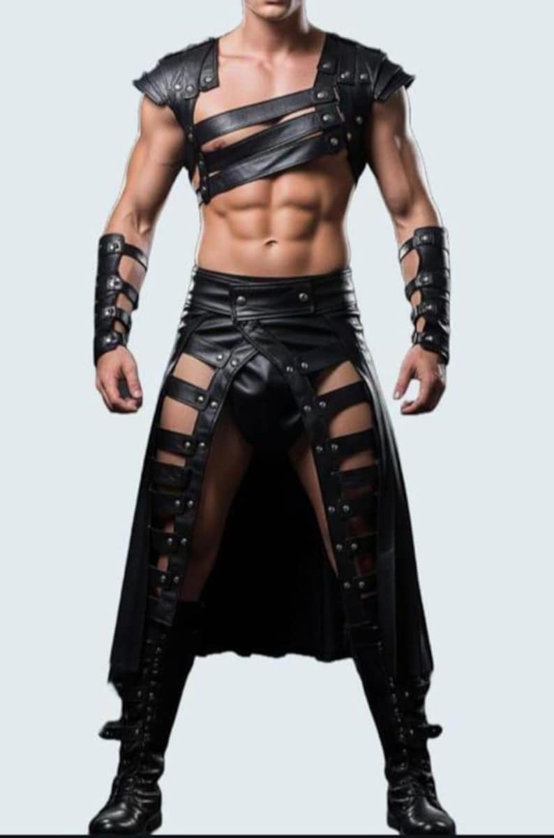 May include: Black leather outfit featuring a harness top, arm cuffs, and a skirt with cut-out details. The outfit includes knee-high boots. The design incorporates metal studs and straps, creating a bold and edgy aesthetic.