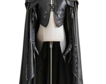 Black Leather Medieval Hooded Cloak: Dark Warden Viking Vest - Cosplay LARP Gothic