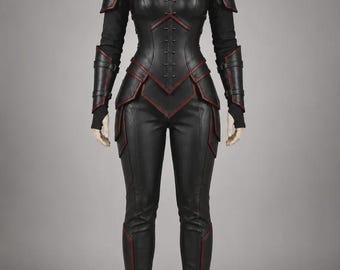 Women’s Black Leather Armor Set with Pants, Gothic LARP Warrior Costume