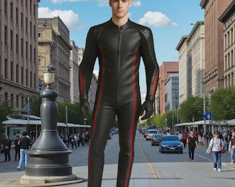 May include: A black jumpsuit with red and blue stripes down the sides and arms. The suit has a zipper down the front and is worn with black gloves and boots. The person is standing on a city street.