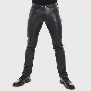 May include: Black leather trousers featuring a slim-fit silhouette, a button-fly closure with two visible silver-toned metal buttons at the waistband, five-pocket styling, and subtle horizontal creasing along the legs, paired with black leather shoes.
