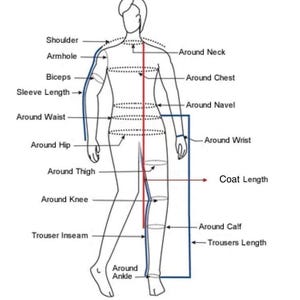 May include: Line drawing of a person with measurement labels. Labels include shoulder, armhole, biceps, sleeve length, waist, hip, thigh, knee, trouser inseam, ankle, neck, chest, navel, wrist, coat length, calf, and trousers length.