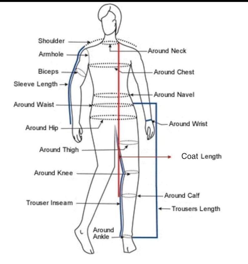 May include: Line drawing of a person with measurement labels. Labels include shoulder, armhole, biceps, sleeve length, waist, hip, thigh, knee, trouser inseam, ankle, neck, chest, navel, wrist, coat length, calf, and trousers length.
