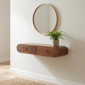 Floating Mango Wood Console Table: Wall Mounted Bedside Hallway Unit
