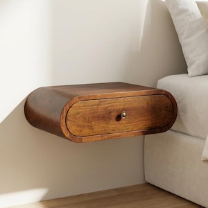 Wall Mounted Mango Wood Nightstand – Round Floating Bedside Table with 1 Drawer, Chestnut Finish