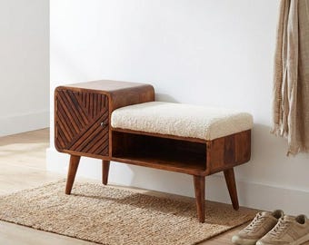Boucle Entryway Bench - Carved Drawer and Soft Upholstered Seat