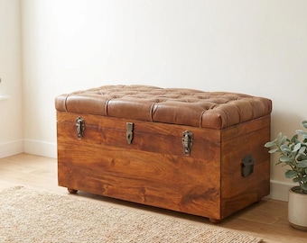 Handcrafted Mango Wood Storage Trunk: Buffalo Leather Seat