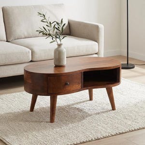 Mini Wave Coffee Table – Solid Mango Wood with Drawer and Open Storage